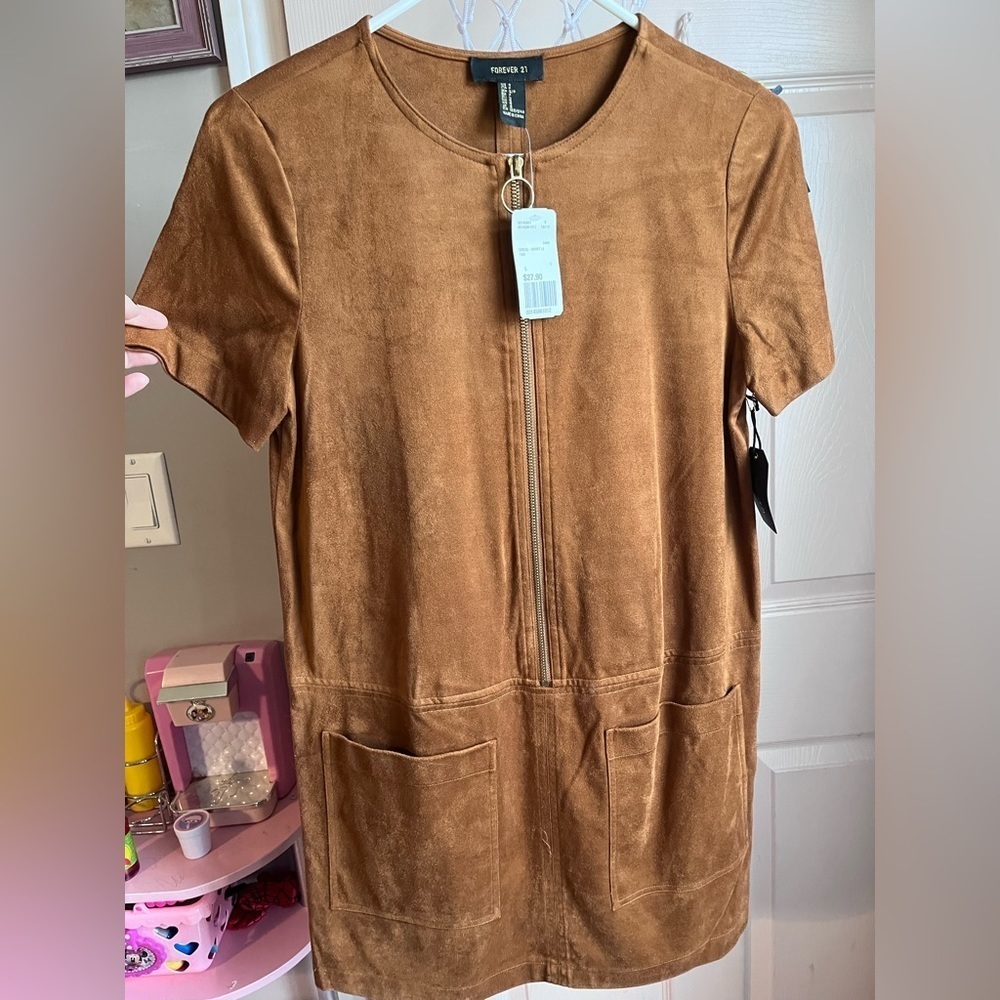 Suede Brown Mini Dress with Cute ZIpper and Front Pockets